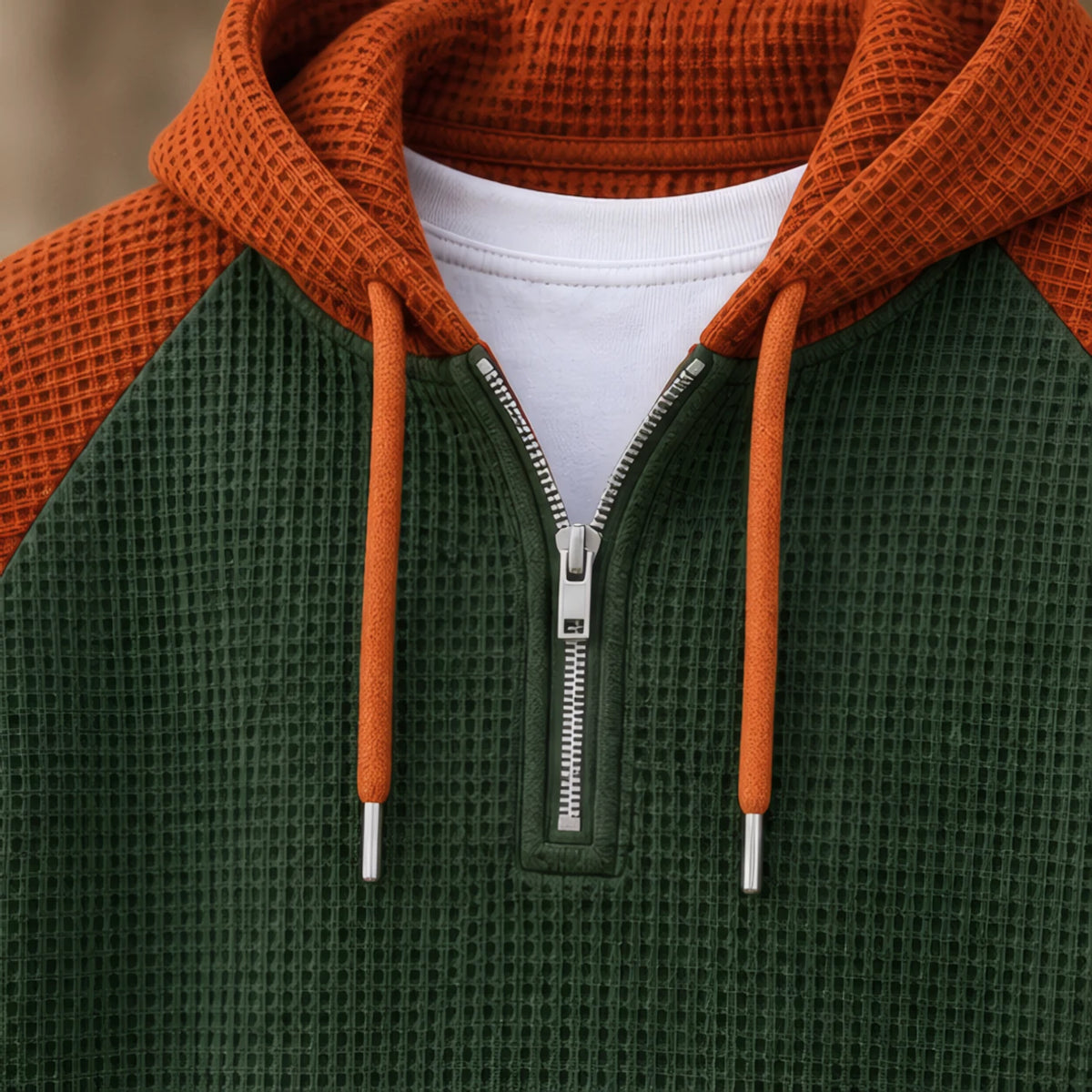 Maddox Waffle-Knit Half-Zip Hoodie - Brown Green - half-zip hoodie - Hendlys - Image 4