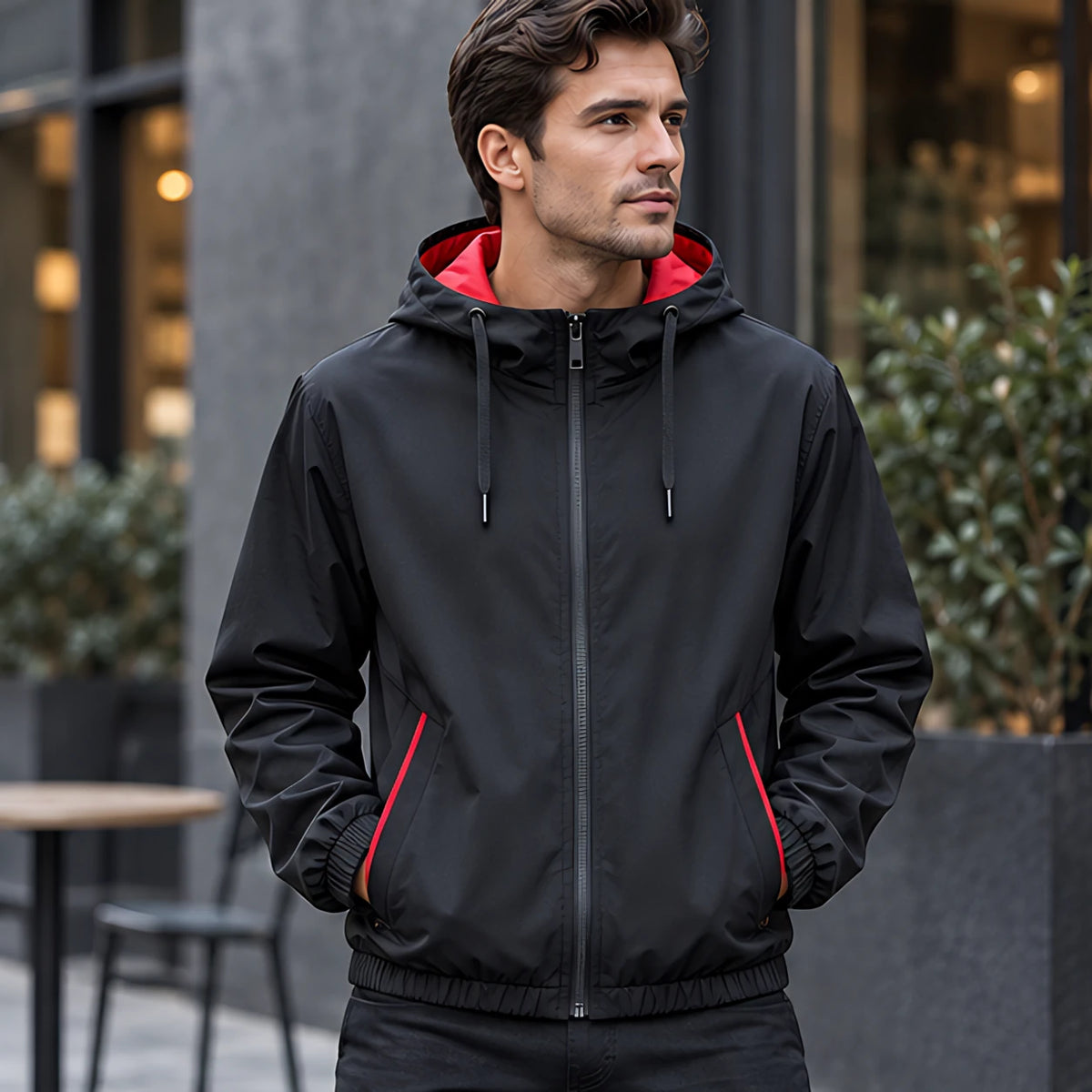Malvern Men's Lightweight Technical Hooded Windbreaker Jacket - Black Red - Men's Clothing > Outerwear > Windbreaker Jackets - Hendlys - Image 1
