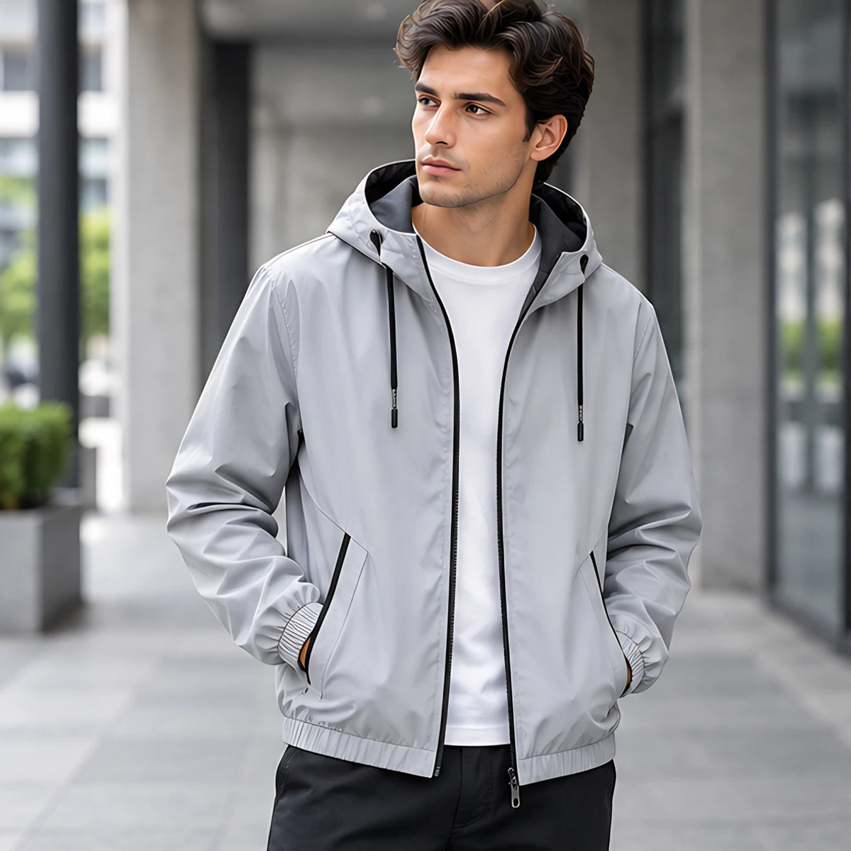 Malvern Men's Lightweight Technical Hooded Windbreaker Jacket - Grey - Men's Clothing > Outerwear > Windbreaker Jackets - Hendlys - Image 1