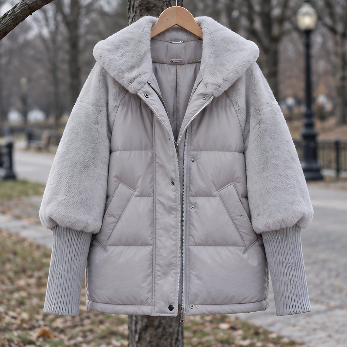Manon Women's Quilted Sherpa Puffer Jacket - Gray - female - Hendlys - Image 3