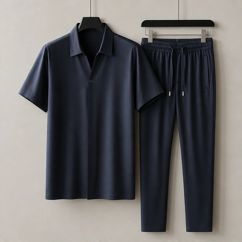 Marbella Mulberry Silk Pant Set - Navy Blue - Outfit Set - Hendlys - Image 1