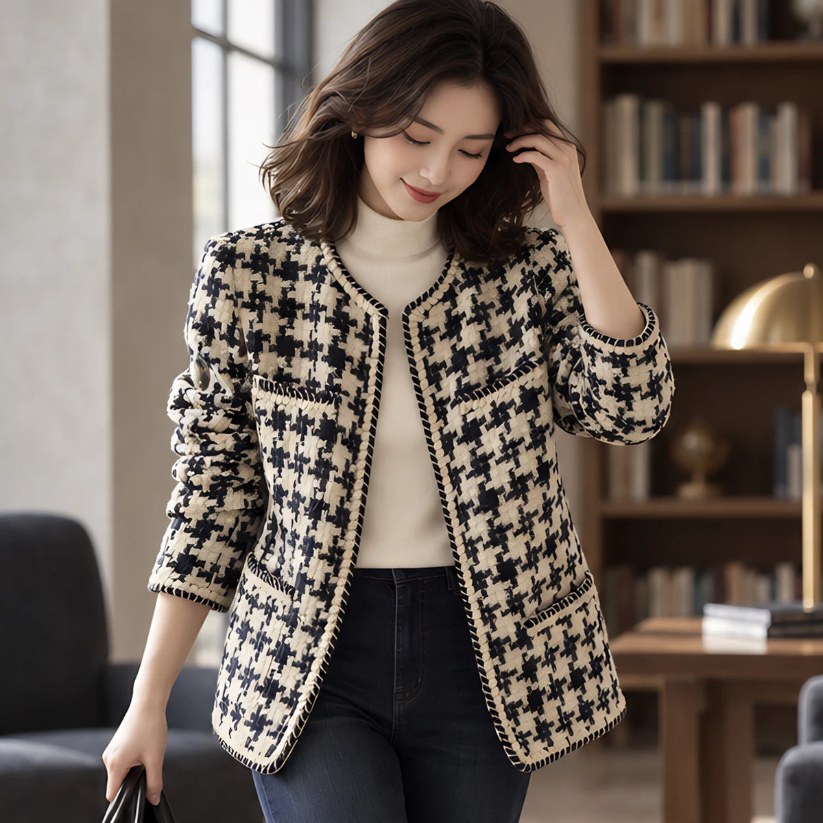 Marceline Women's Braided-Trim Houndstooth Jacket - discount-eligible - Hendlys - Image 2
