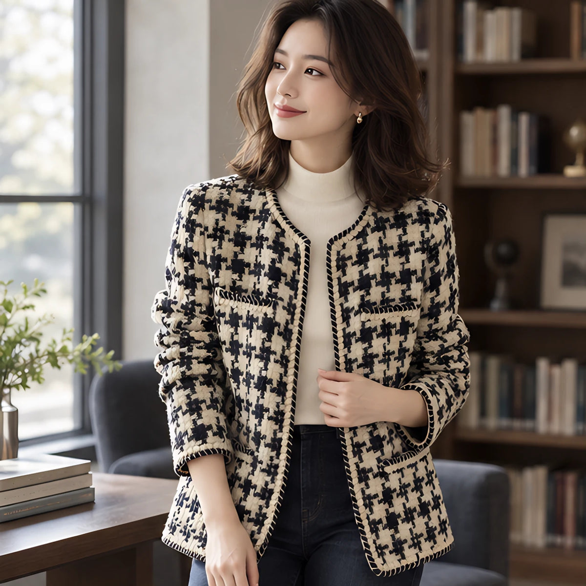 Marceline Women's Braided-Trim Houndstooth Jacket - Women's Clothing > Outerwear > Knit Jackets - Hendlys - Image 1