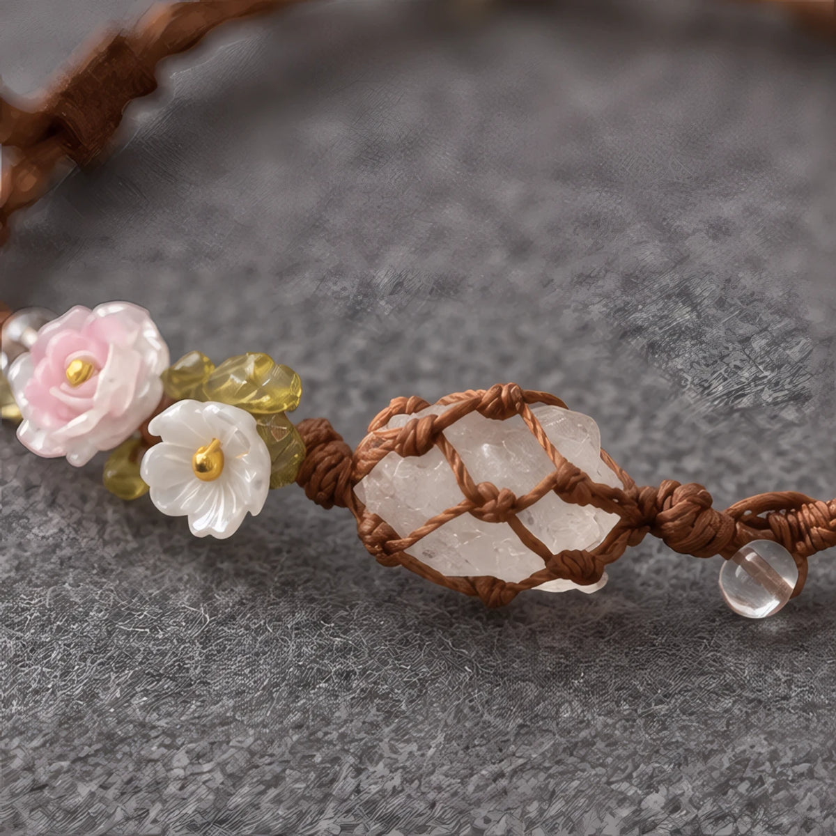 Maribel Braided Bracelet with Rough-Cut Stone and Flowers - White - jewelry - Hendlys - Image 3