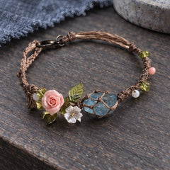Maribel Braided Bracelet with Rough-Cut Stone and Flowers - Blue - Jewelry > Bracelets > Braided Bracelets - Hendlys - Image 2