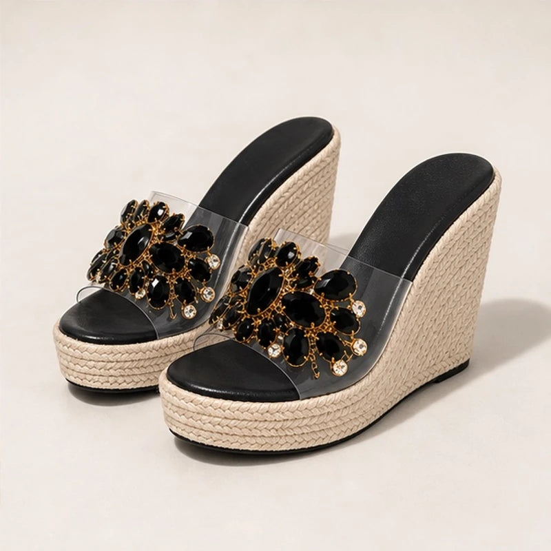 Marielle Crystal Floral Wedge - Black - women's wedge sandals - Hendlys - Image 2