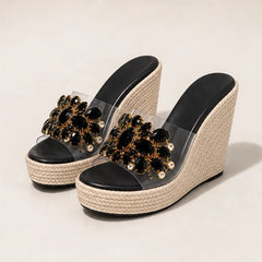 Marielle Crystal Floral Wedge - Black - women's wedge sandals - Hendlys - Image 2