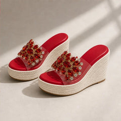 Marielle Crystal Floral Wedge - Red - women's wedge sandals - Hendlys - Image 2