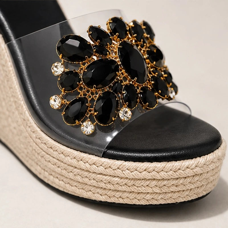 Marielle Crystal Floral Wedge - Black - wedge heels - Hendlys - Image 3