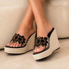 Marielle Crystal Floral Wedge - Black - espadrille sandals - Hendlys - Image 4