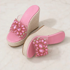 Marielle Crystal Floral Wedge - Pink - women's wedge sandals - Hendlys - Image 2