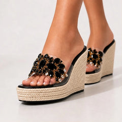 Marielle Crystal Floral Wedge - Black - Shoes - Hendlys - Image 1