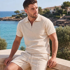 Marin Textured Polo Short Set - Beige - two-piece set - Hendlys - Image 4
