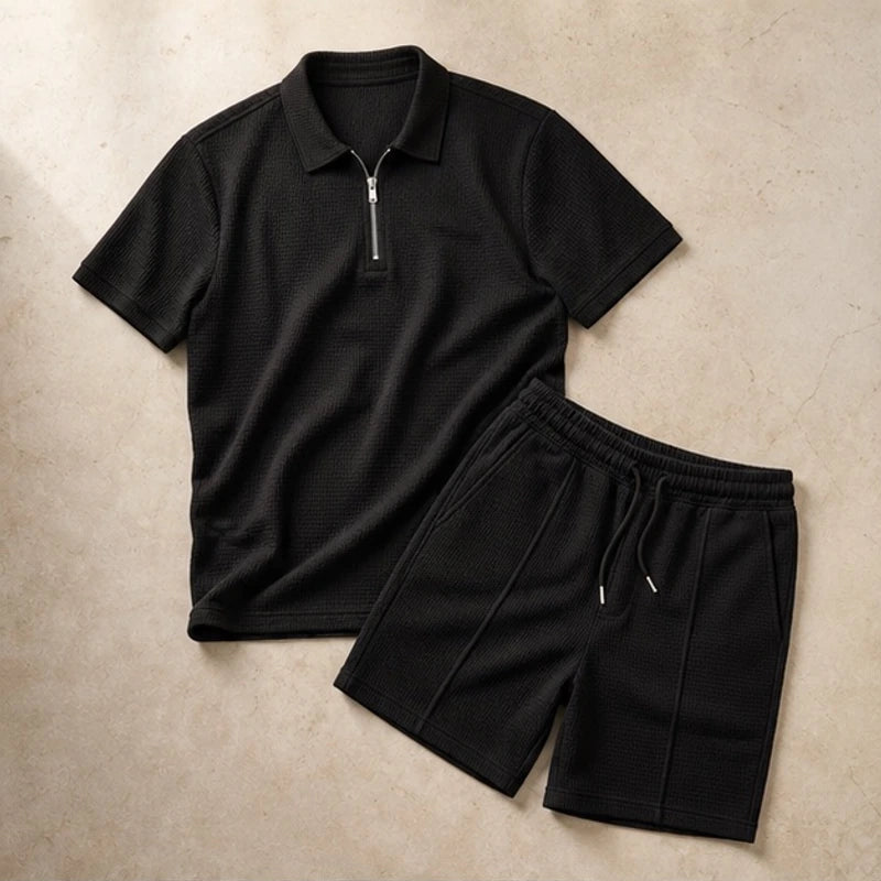 Marin Textured Polo Short Set - Black - polo short set - Hendlys - Image 3