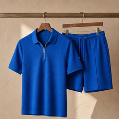 Marin Textured Polo Short Set - Blue - summer outfit - Hendlys - Image 5