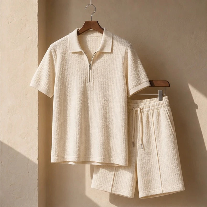 Marin Textured Polo Short Set - Beige - polo short set - Hendlys - Image 3