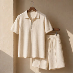 Marin Textured Polo Short Set - Beige - polo short set - Hendlys - Image 3