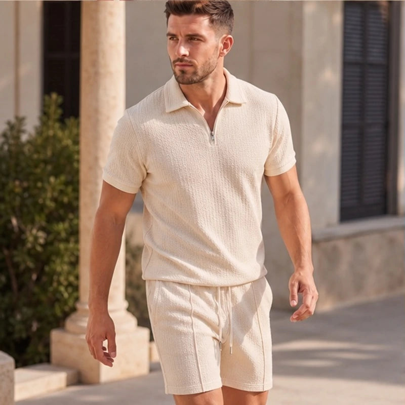 Marin Textured Polo Short Set - Beige - outfit set - Hendlys - Image 2