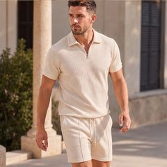 Marin Textured Polo Short Set - Beige - outfit set - Hendlys - Image 2