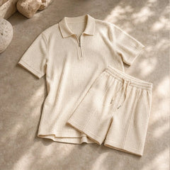 Marin Textured Polo Short Set - Beige - Outfit Set - Hendlys - Image 1
