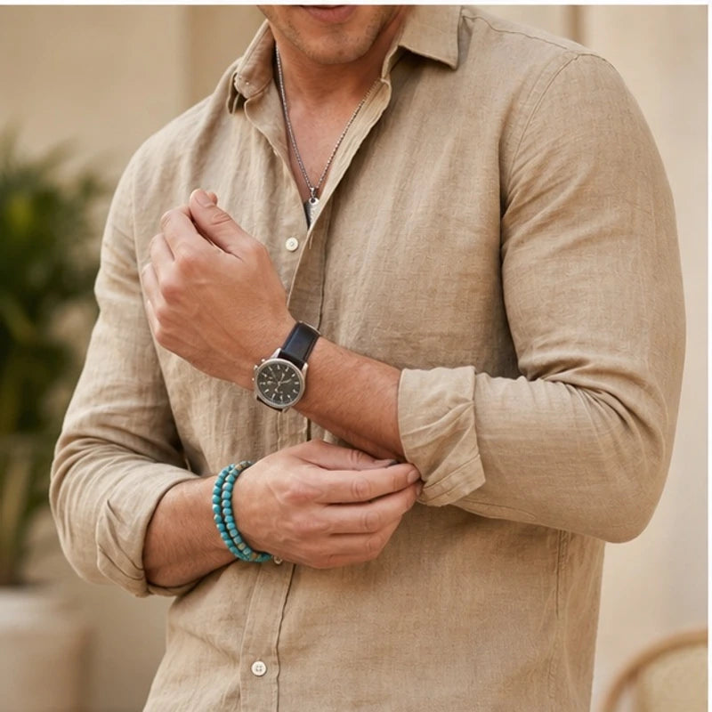 Martinique Linen Button-Up Shirt - Sand Beige - men's shirt - Hendlys - Image 2