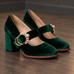 Mathilde Women's Velvet Mary Jane Heels - Green - Shoes - Hendlys - Image 3
