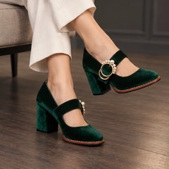 Mathilde Women's Velvet Mary Jane Heels - Green - womens_footwear - Hendlys - Image 2