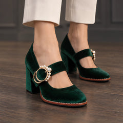 Mathilde Women's Velvet Mary Jane Heels - Green - Women's Footwear > Heels > Mary Jane Heels - Hendlys - Image 1