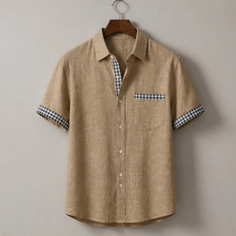Morel Contrast Trim Linen Shirt - Khaki - linen shirt - Hendlys - Image 3