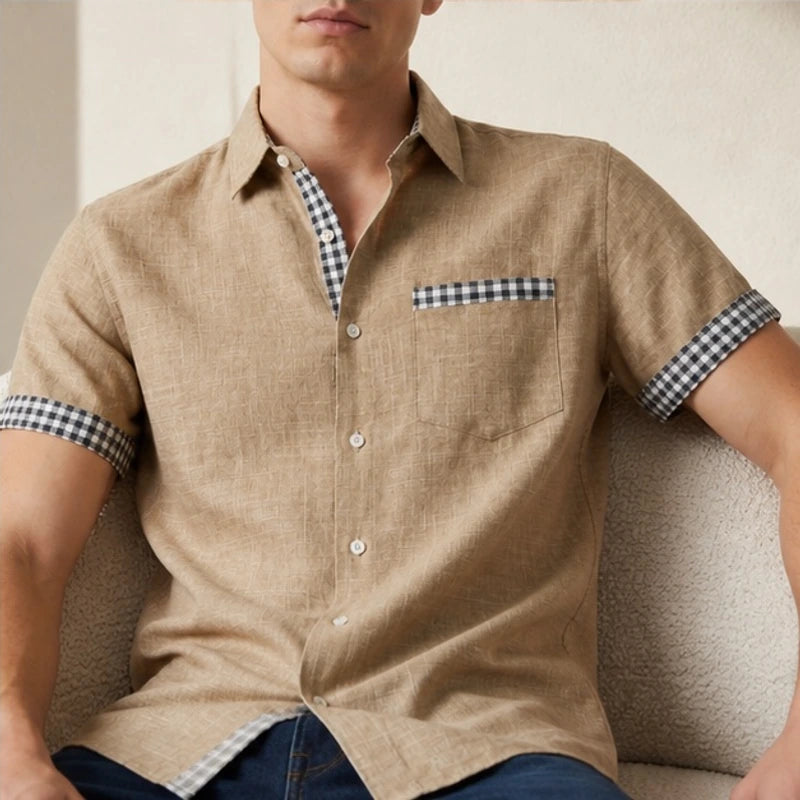 Morel Contrast Trim Linen Shirt - Khaki - men's shirt - Hendlys - Image 2
