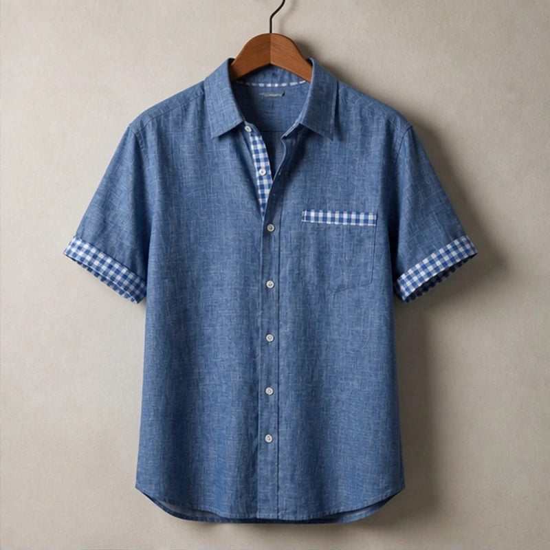 Morel Contrast Trim Linen Shirt - Chambray Blue - linen shirt - Hendlys - Image 3