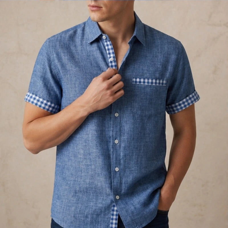 Morel Contrast Trim Linen Shirt - Chambray Blue - Shirt - Hendlys - Image 1