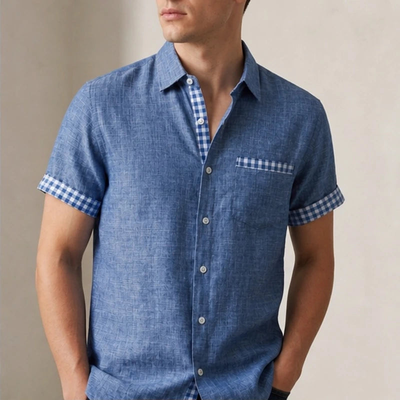 Morel Contrast Trim Linen Shirt - Chambray Blue - men's shirt - Hendlys - Image 2
