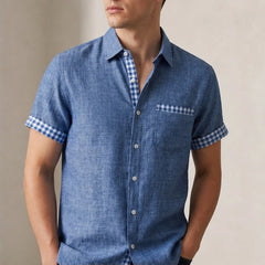 Morel Contrast Trim Linen Shirt - Chambray Blue - men's shirt - Hendlys - Image 2