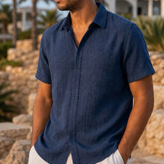 Nevan Linen Short Sleeve Shirt - Deep Navy - Shirt - Hendlys - Image 1
