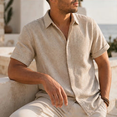 Nevan Linen Short Sleeve Shirt - Stone Beige - men's shirt - Hendlys - Image 2