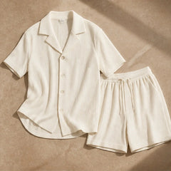Nevan Textured Short Sleeve Resort Set - White - outfit set - Hendlys - Image 3
