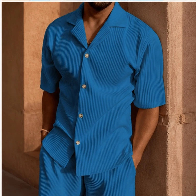 Nevan Textured Short Sleeve Resort Set - Blue - men's resort set - Hendlys - Image 2