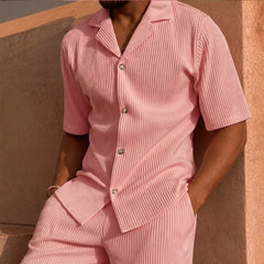Nevan Textured Short Sleeve Resort Set - Pink - Outfit Set - Hendlys - Image 1
