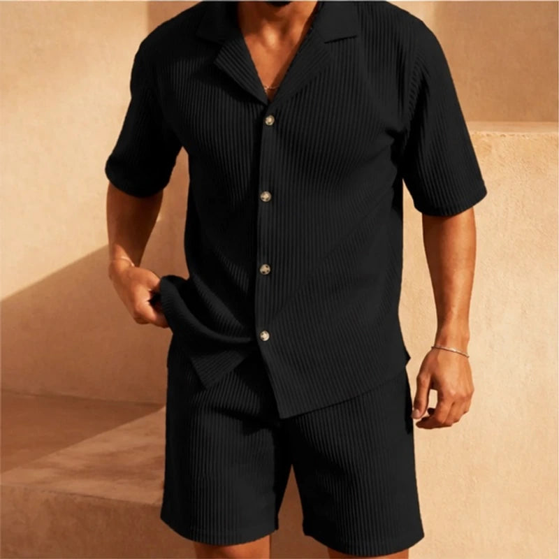 Nevan Textured Short Sleeve Resort Set - Black - Outfit Set - Hendlys - Image 1