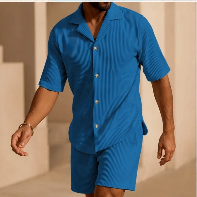 Nevan Textured Short Sleeve Resort Set - Blue - Outfit Set - Hendlys - Image 1