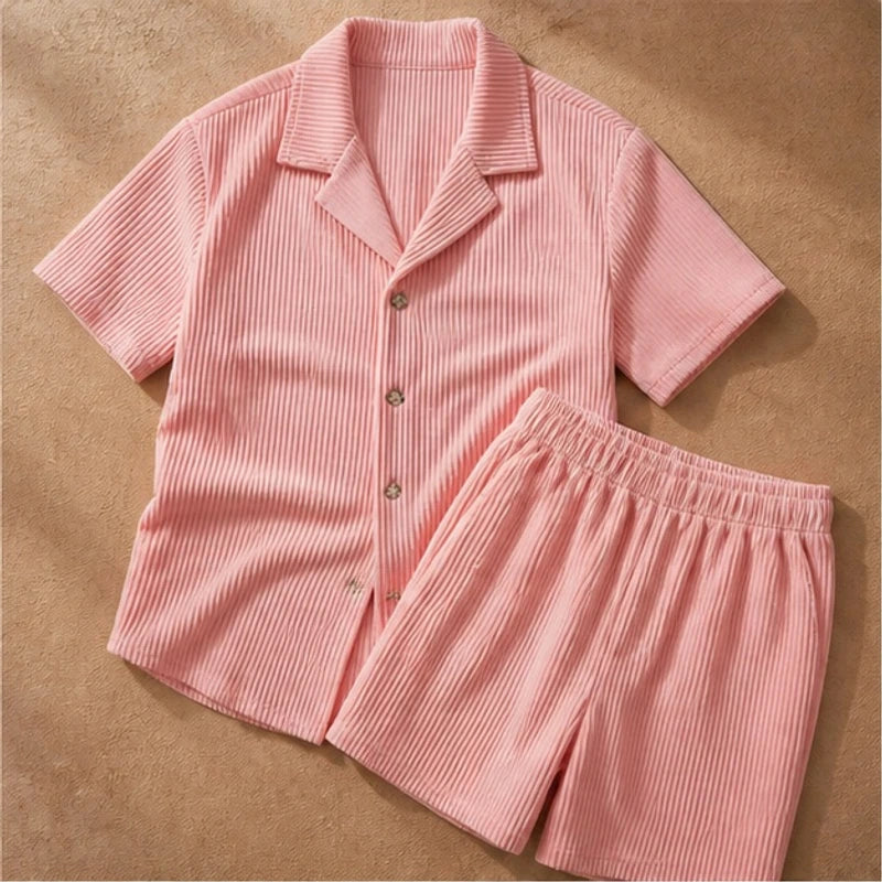 Nevan Textured Short Sleeve Resort Set - Pink - men's resort set - Hendlys - Image 2