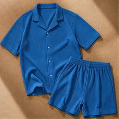 Nevan Textured Short Sleeve Resort Set - Blue - outfit set - Hendlys - Image 3