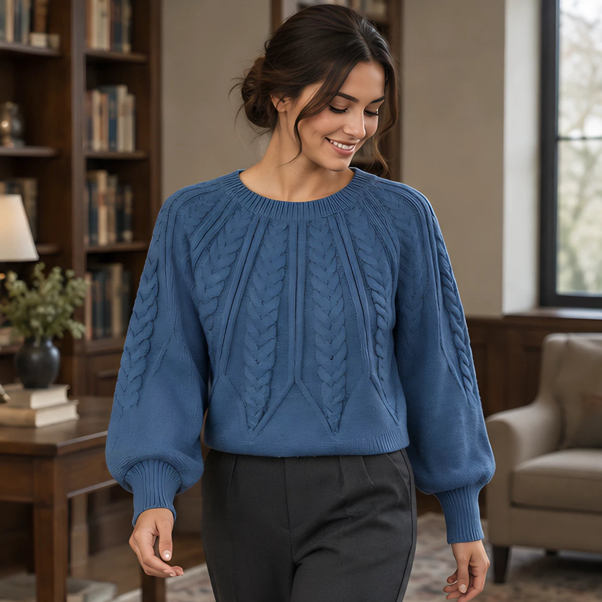 Odelia Women's Cable-Knit Crewneck Sweater - Blue - AW - Womens - Sweaters - Hendlys - Image 2