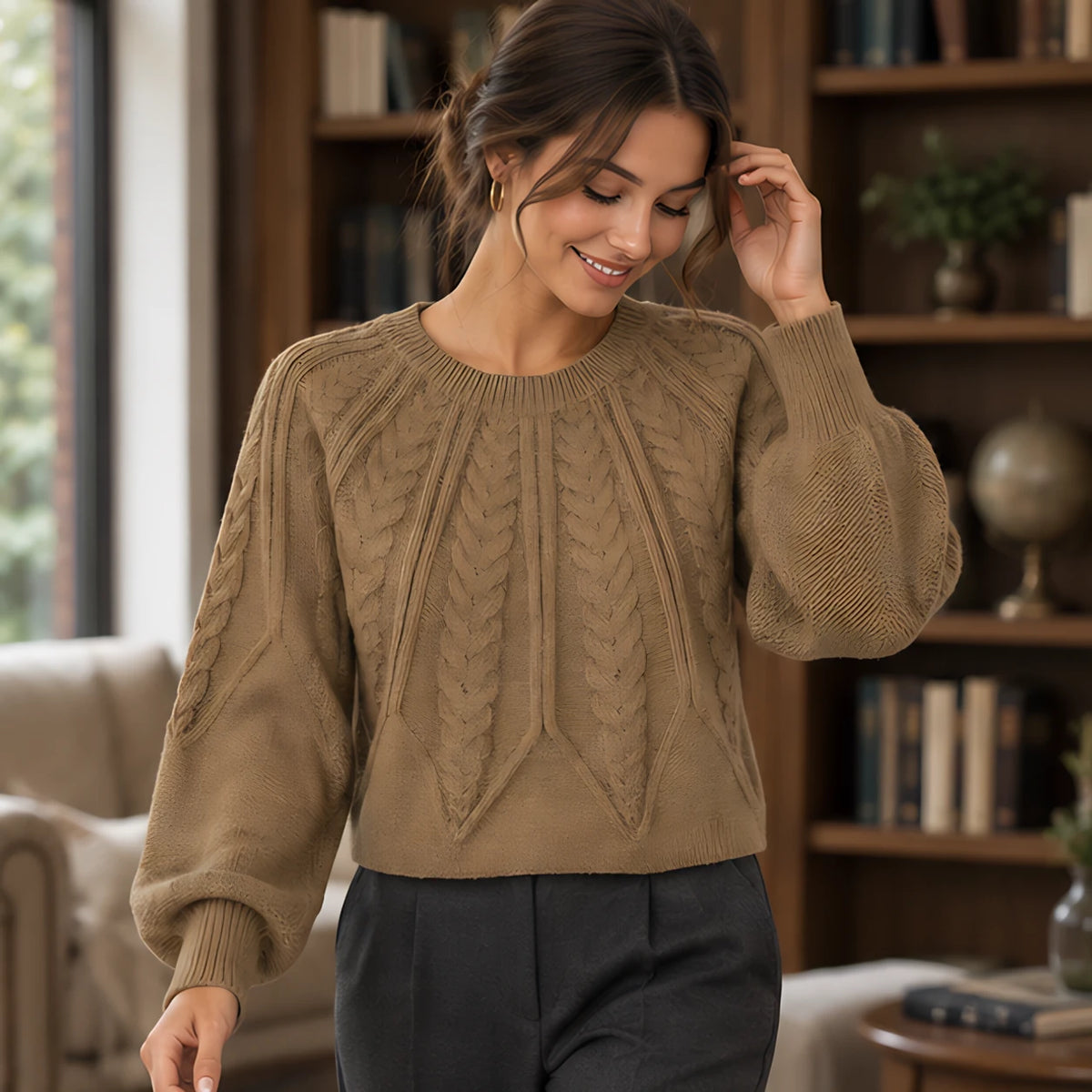 Odelia Women's Cable-Knit Crewneck Sweater - Brown - AW - Womens - Sweaters - Hendlys - Image 2