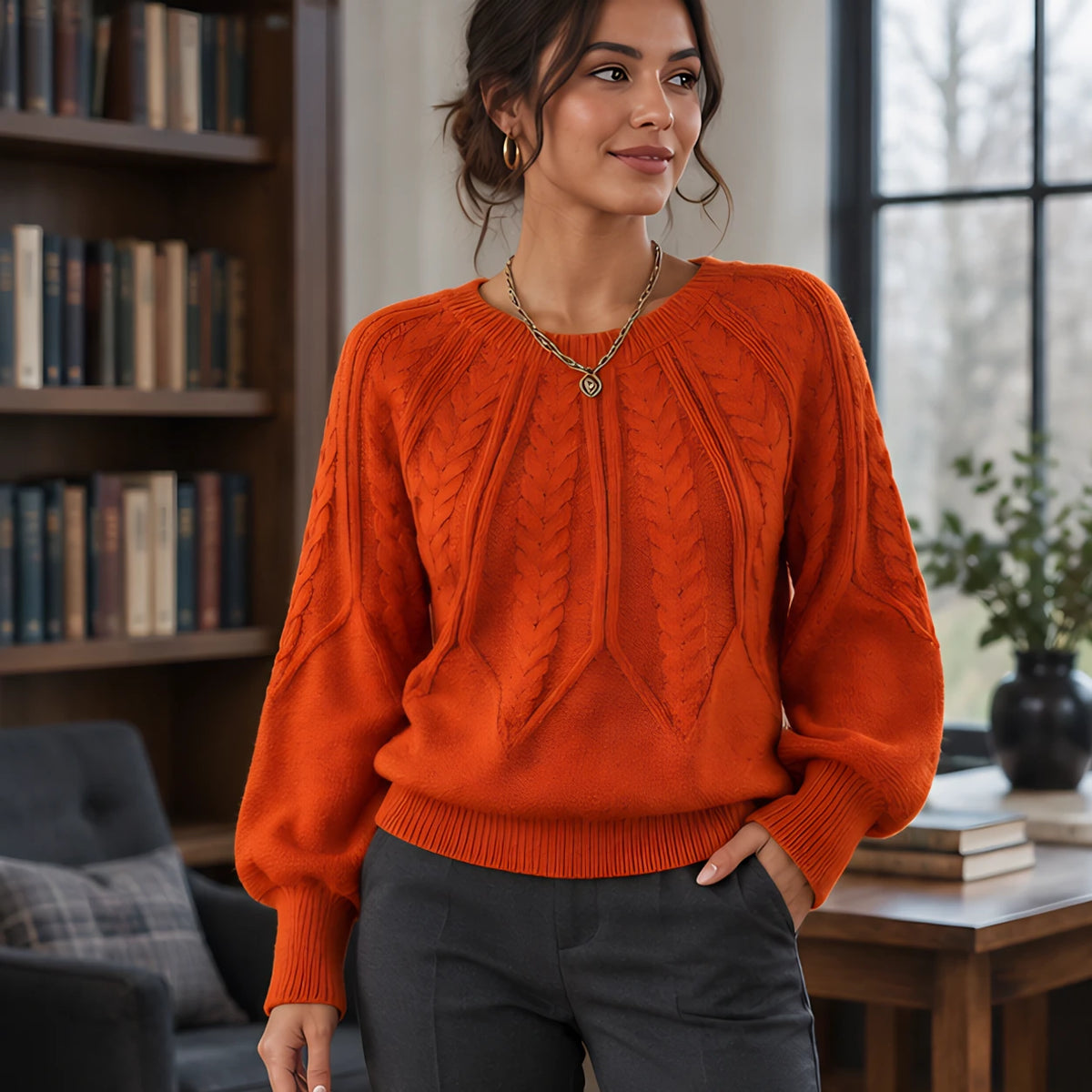 Odelia Women's Cable-Knit Crewneck Sweater - Orange - Women's Clothing > Sweaters & Cardigans > Cable-Knit Sweaters - Hendlys - Image 1