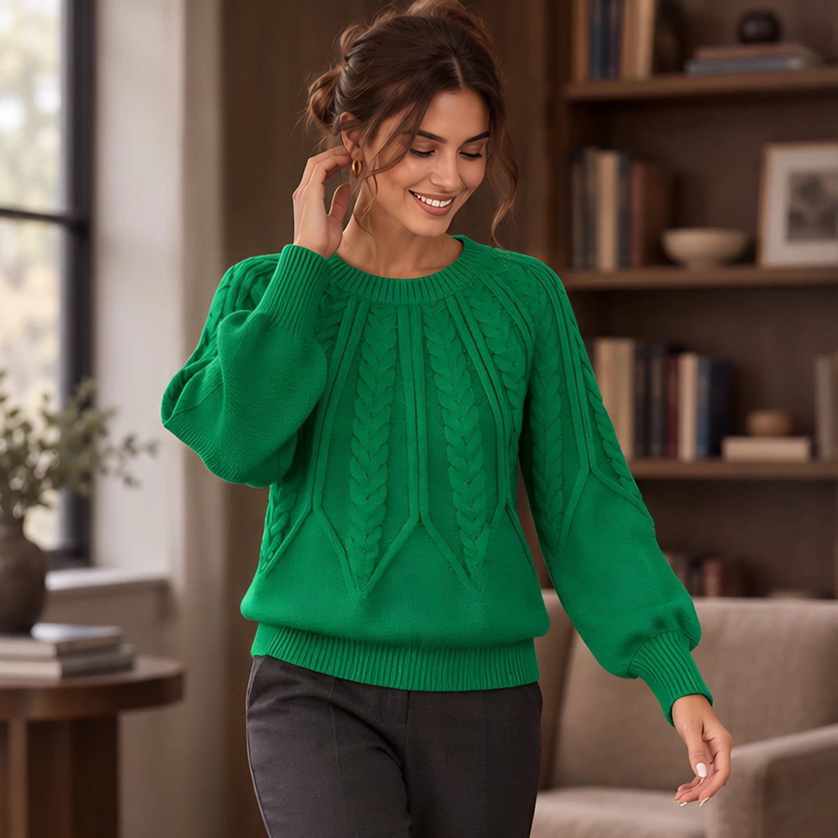Odelia Women's Cable-Knit Crewneck Sweater - Green - AW - Womens - Sweaters - Hendlys - Image 2