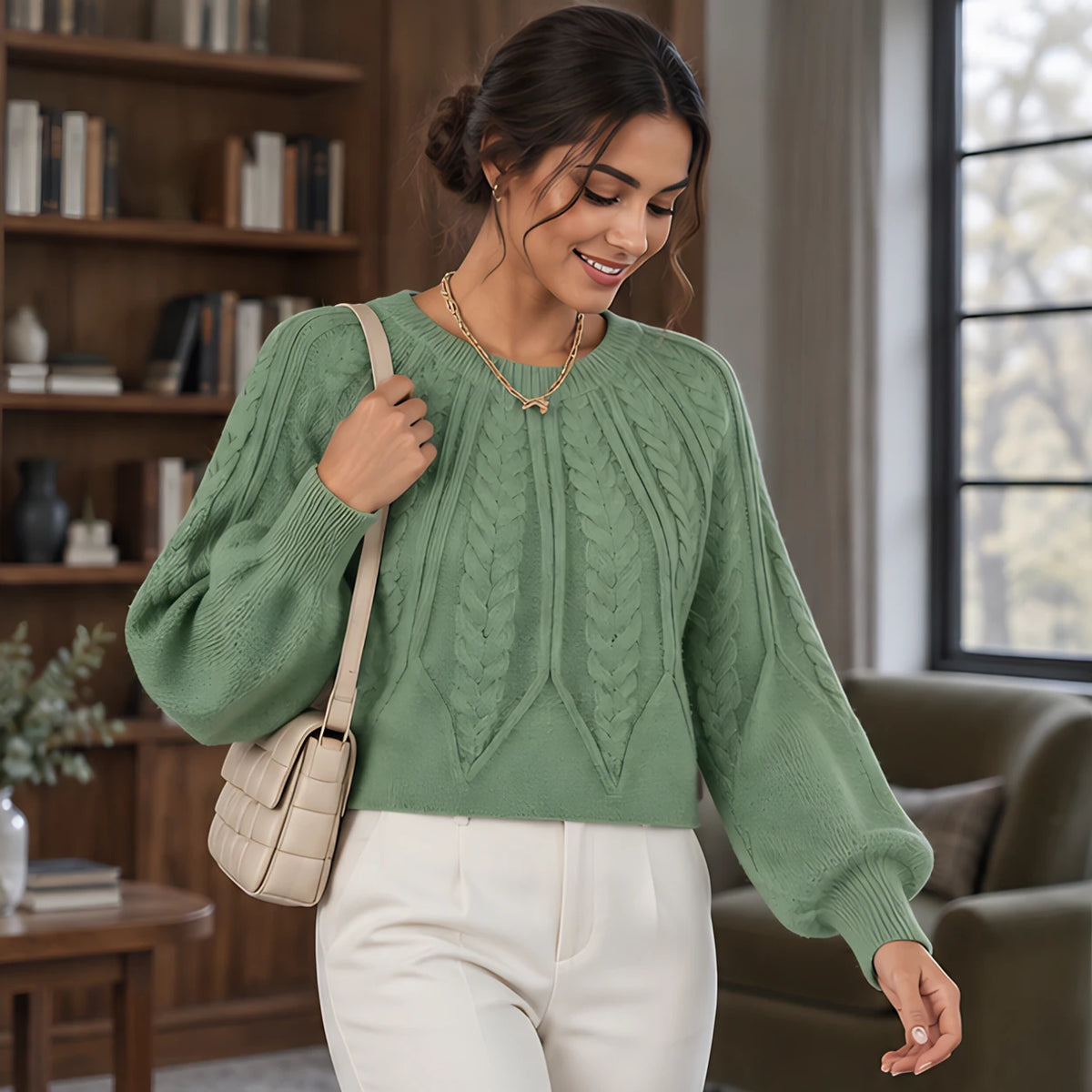Odelia Women's Cable-Knit Crewneck Sweater - Light Green - AW - Womens - Sweaters - Hendlys - Image 2
