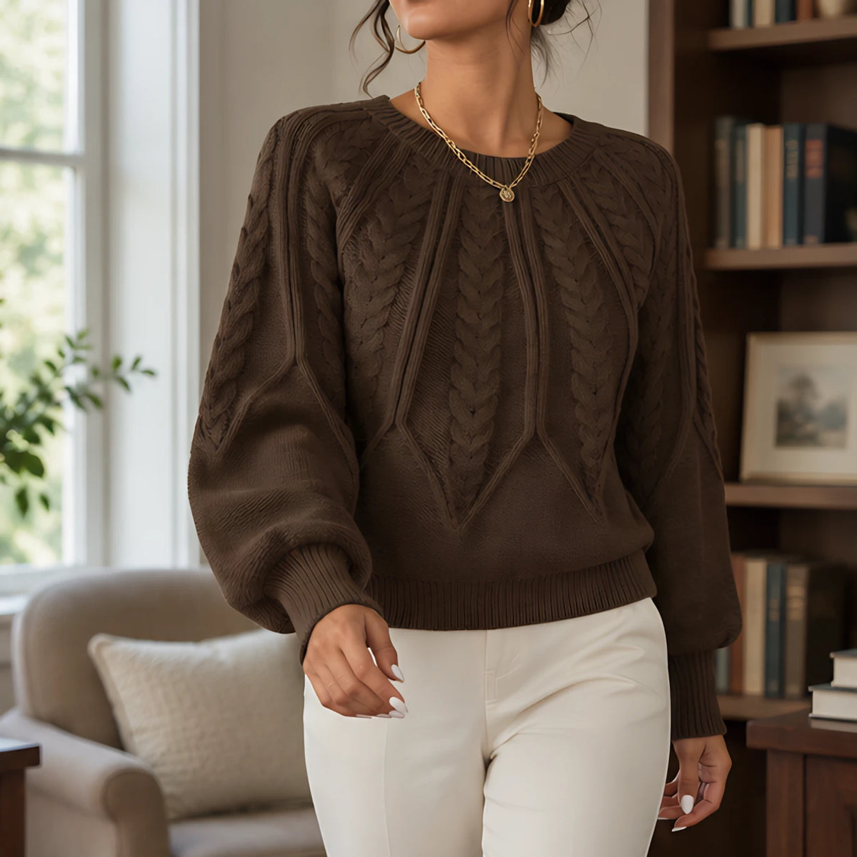 Odelia Women's Cable-Knit Crewneck Sweater - Dark Brown - AW - Womens - Sweaters - Hendlys - Image 2