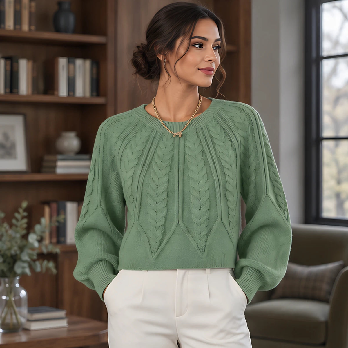 Odelia Women's Cable-Knit Crewneck Sweater - Light Green - Women's Clothing > Sweaters & Cardigans > Cable-Knit Sweaters - Hendlys - Image 1